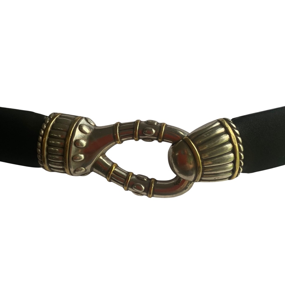 Chicos Womens Black Leather Belt Mixed Metal Silver Gold Hook Buckle Adjustabl S - Picture 2 of 6